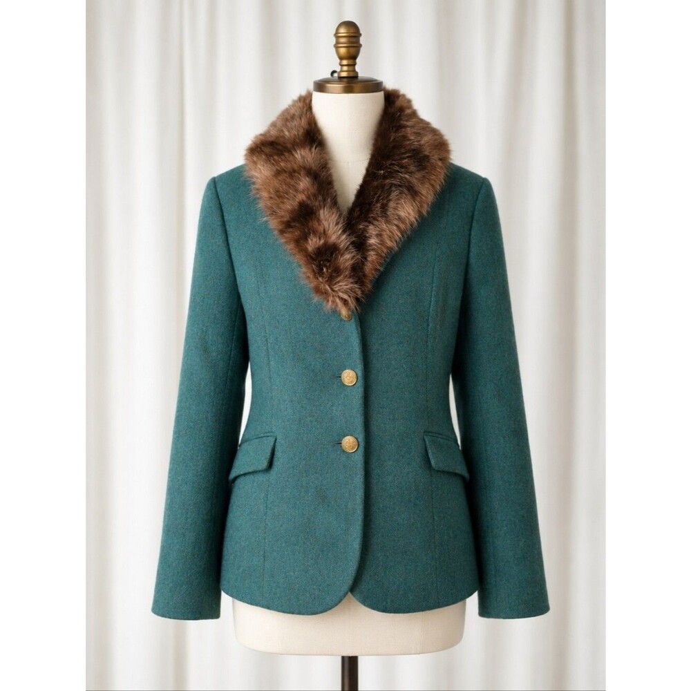 Talbots Aberdeen Equestrian Green Faux Fur Collar Gold Button Blazer Jacket
